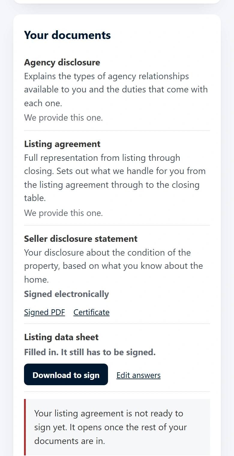 The documents list, with one disclosure signed electronically