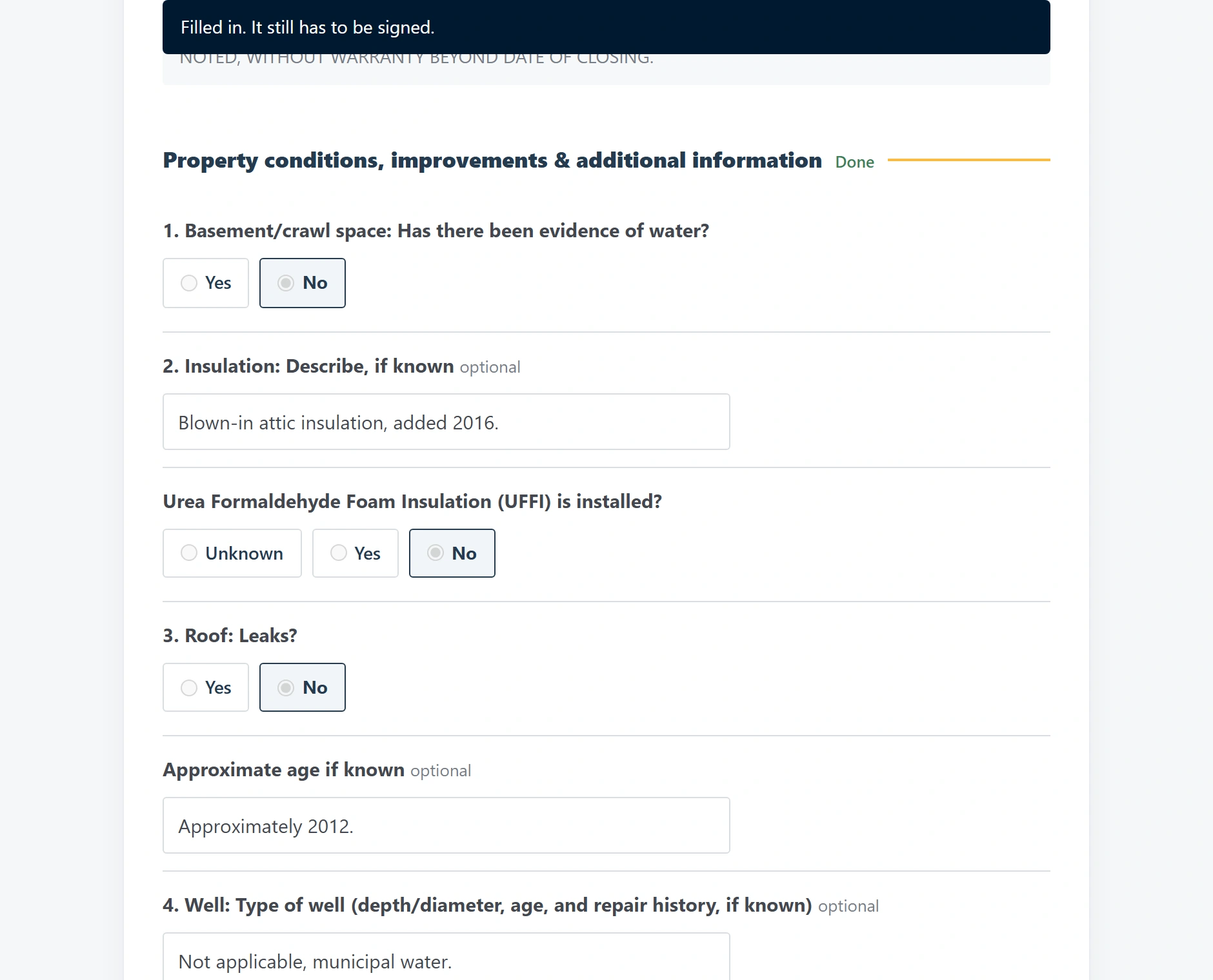 The seller disclosure being filled in, question by question