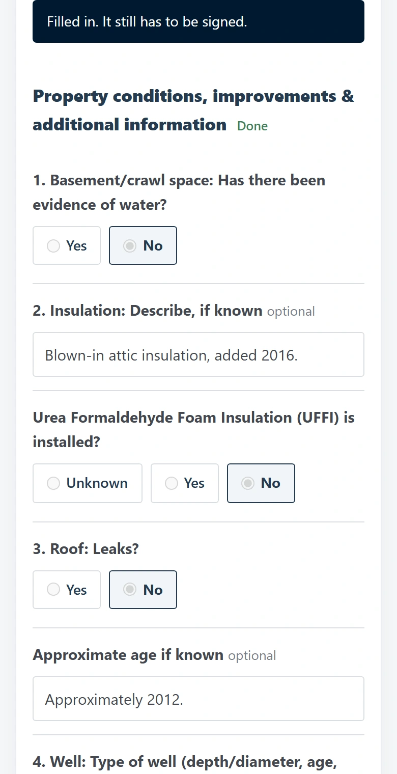 The seller disclosure being filled in, question by question