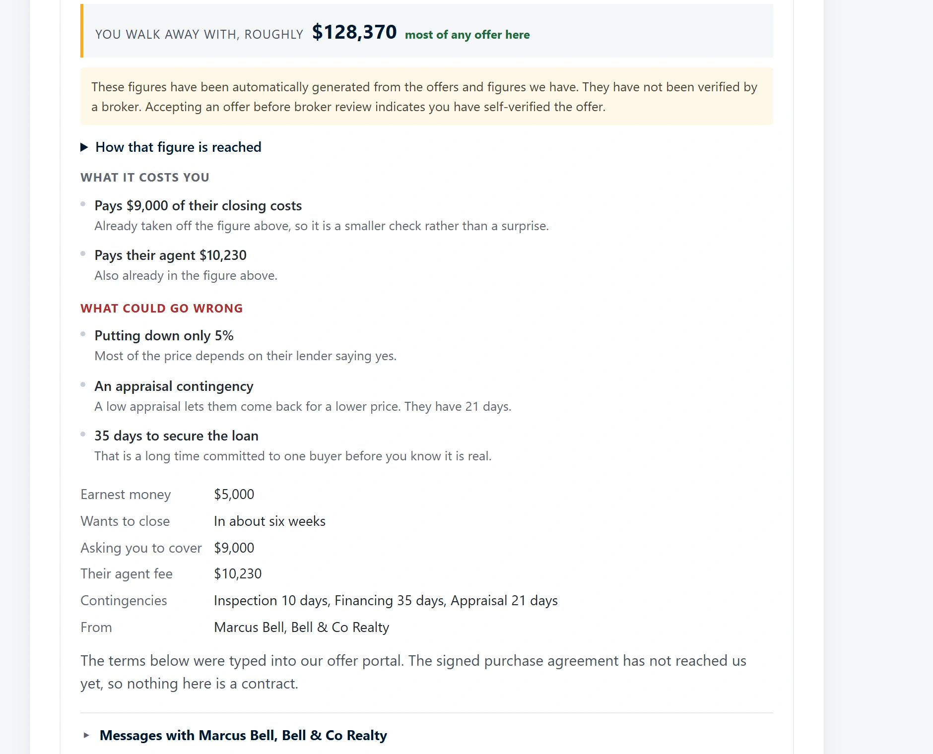 An offer broken down into what it costs and what could go wrong