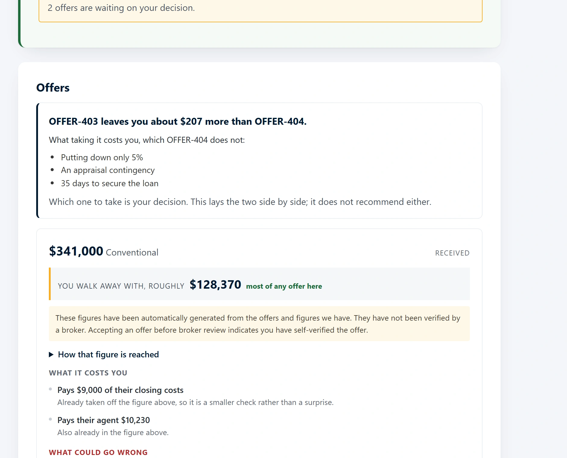 Two offers compared by what each one leaves the seller